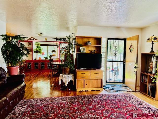 living room with a textured ceiling and hardwood / wood-style flooring