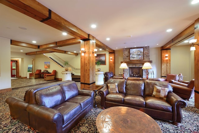 carpeted living room with a fireplace and beam ceiling