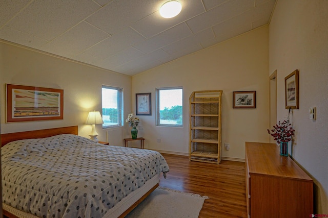 bedroom featuring lofted ceiling and hardwood / wood-style floors