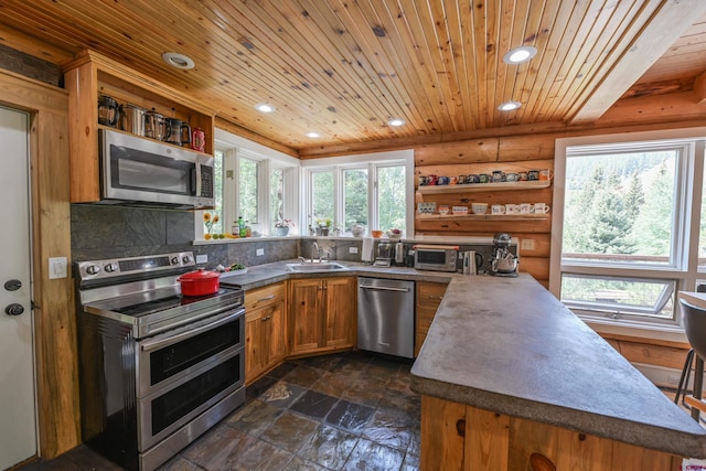 kitchen featuring rustic walls, sink, tasteful backsplash, wooden ceiling, and stainless steel appliances