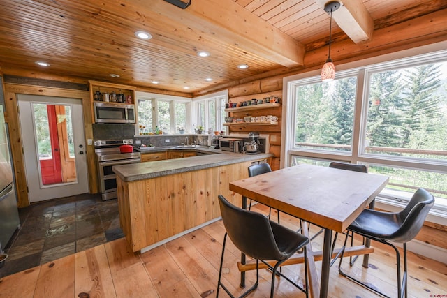 kitchen featuring pendant lighting, wood ceiling, appliances with stainless steel finishes, hardwood / wood-style floors, and kitchen peninsula