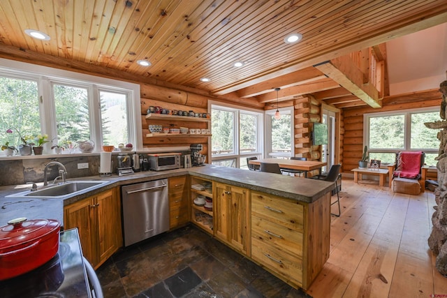 kitchen with sink, wood ceiling, dishwasher, kitchen peninsula, and a wealth of natural light