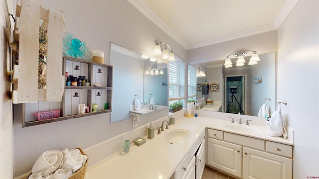 full bath featuring ornamental molding and vanity