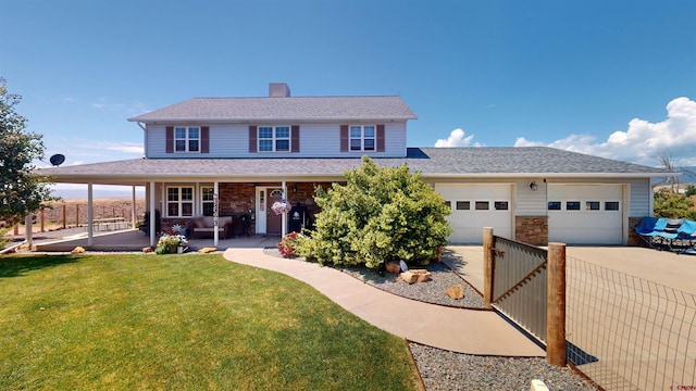 view of front of house with a porch, an attached garage, concrete driveway, a front lawn, and a chimney