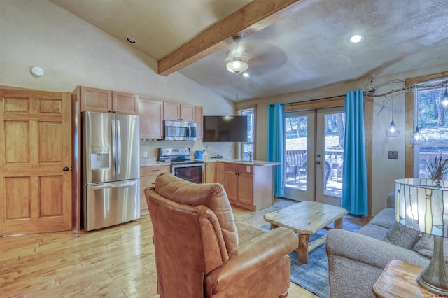 living room featuring vaulted ceiling with beams, light wood-style flooring, recessed lighting, a ceiling fan, and french doors