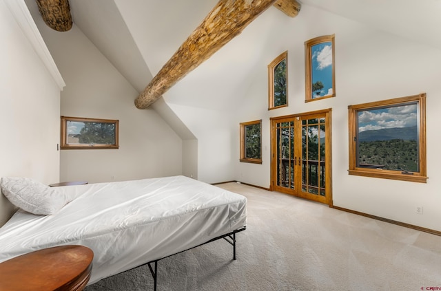 carpeted bedroom featuring beamed ceiling, access to exterior, high vaulted ceiling, and french doors