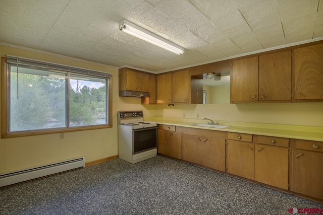 kitchen featuring a baseboard radiator, white electric stove, and sink