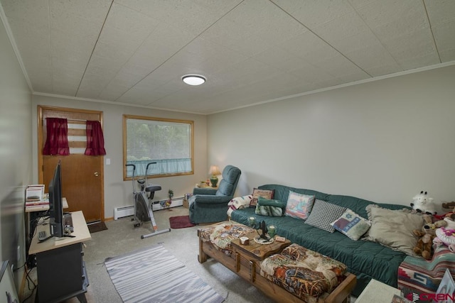 carpeted living room with a baseboard heating unit and ornamental molding