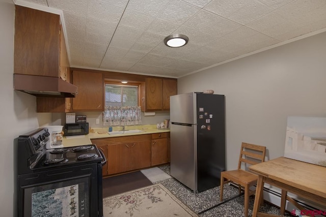 kitchen with custom exhaust hood, crown molding, sink, and black appliances