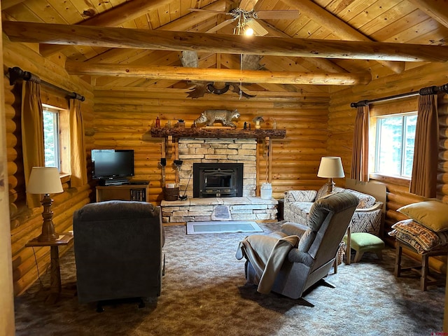 living room featuring beamed ceiling, carpet, a fireplace, and rustic walls