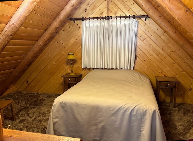 bedroom with carpet, wooden ceiling, lofted ceiling with beams, and wooden walls