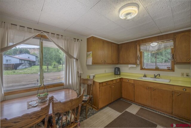 kitchen with crown molding, electric range, sink, custom range hood, and stainless steel refrigerator