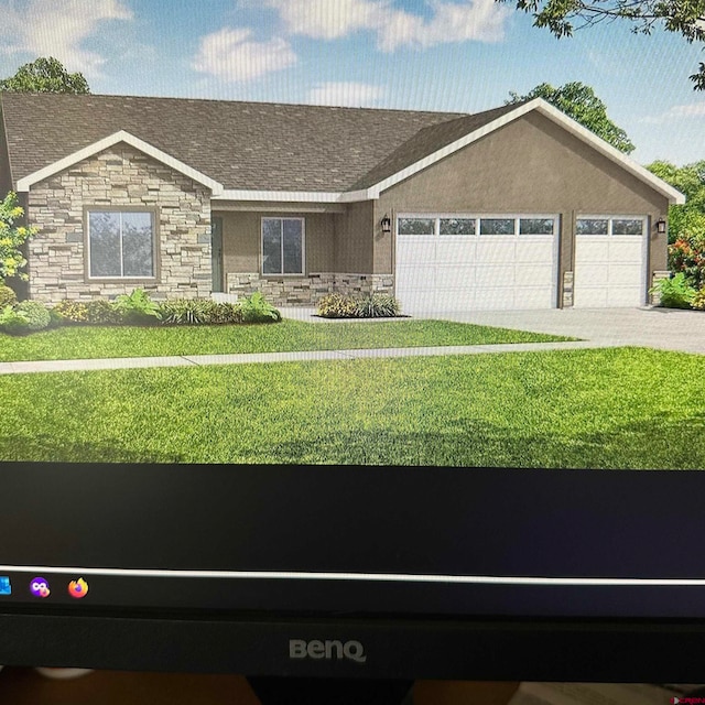 single story home with a garage and a front lawn