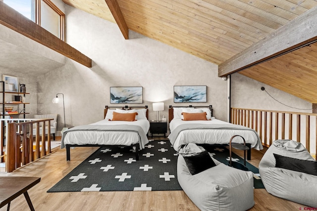 bedroom featuring hardwood / wood-style flooring, high vaulted ceiling, wooden ceiling, and beam ceiling