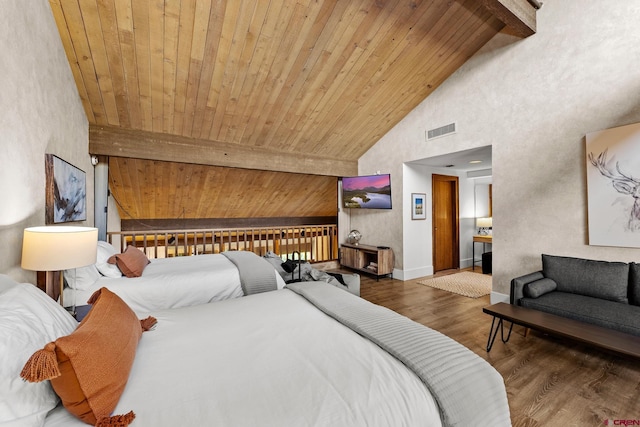 bedroom featuring dark hardwood / wood-style flooring, wood ceiling, beam ceiling, and high vaulted ceiling