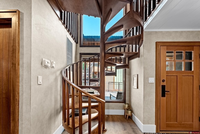 staircase featuring wood-type flooring, a wealth of natural light, and crown molding