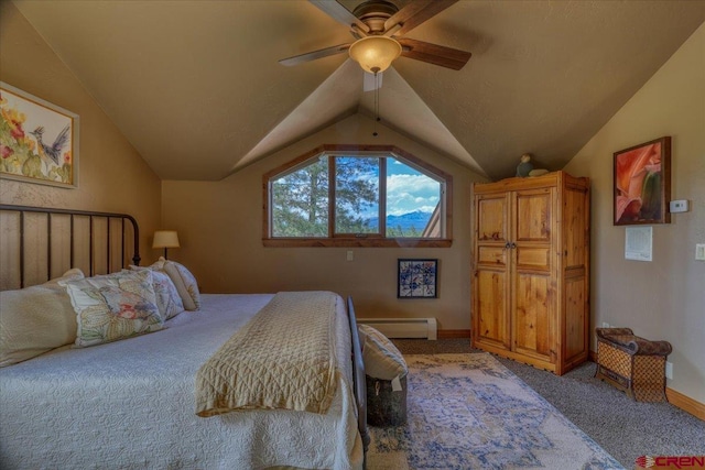 carpeted bedroom featuring a baseboard heating unit, lofted ceiling, and ceiling fan