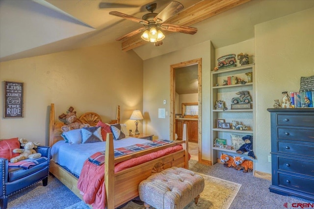 bedroom featuring beamed ceiling, carpet, and ceiling fan