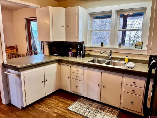 kitchen featuring dark hardwood / wood-style flooring, white cabinetry, and sink