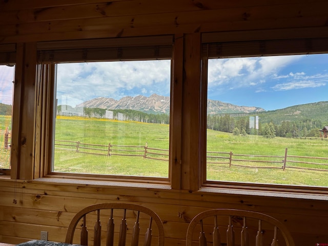 details featuring wood walls, a mountain view, and a rural view