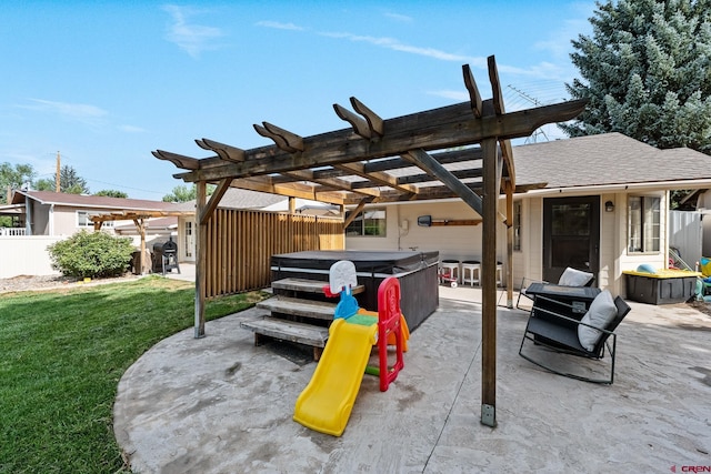 view of patio / terrace with a pergola, area for grilling, fence, and a hot tub