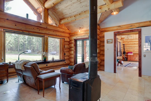 tiled living room with a wood stove, wooden ceiling, high vaulted ceiling, rustic walls, and beam ceiling