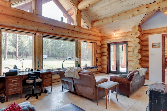 office space featuring wooden ceiling, high vaulted ceiling, french doors, log walls, and light tile patterned floors