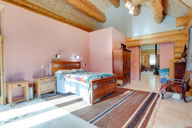 bedroom featuring light tile patterned flooring, lofted ceiling with beams, and wood ceiling