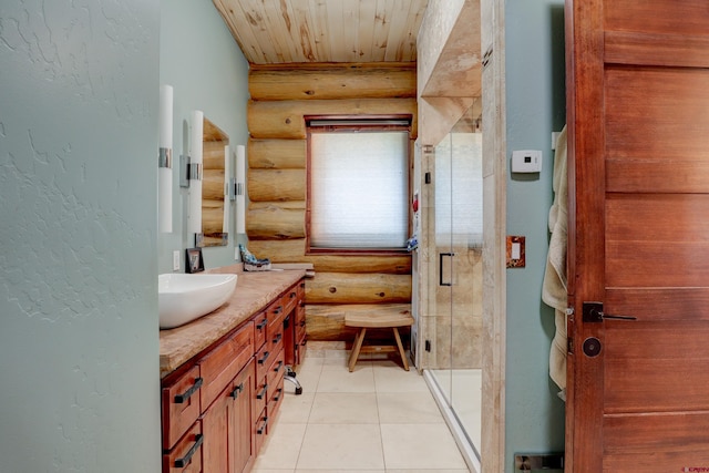 bathroom featuring tile patterned flooring, an enclosed shower, wood ceiling, log walls, and vanity