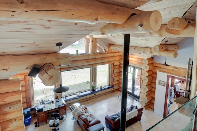 unfurnished living room featuring lofted ceiling, tile patterned floors, wood ceiling, and log walls