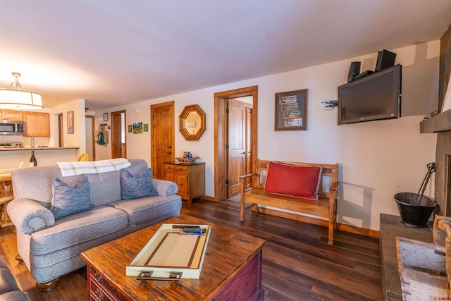 living room with dark hardwood / wood-style floors