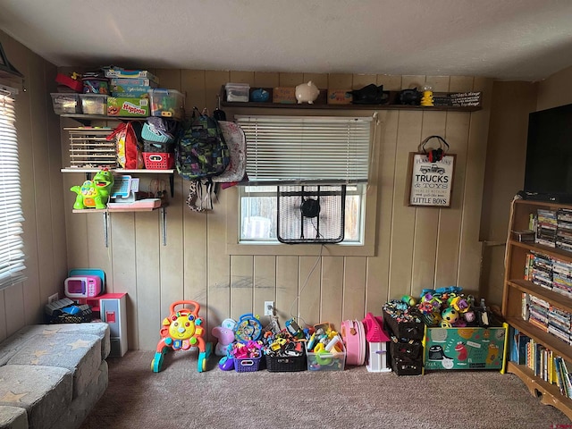 rec room with wooden walls, carpet flooring, and plenty of natural light