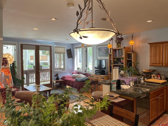 living room featuring plenty of natural light and sink