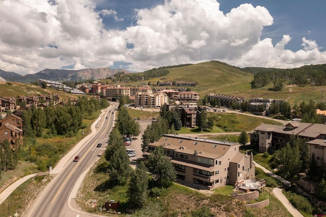 birds eye view of property featuring a mountain view