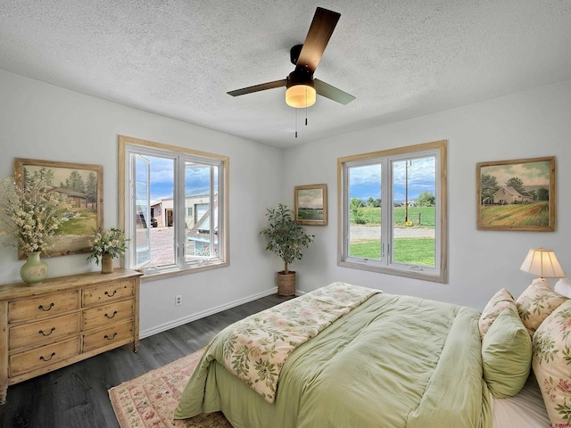 bedroom with multiple windows, dark wood finished floors, and a textured ceiling