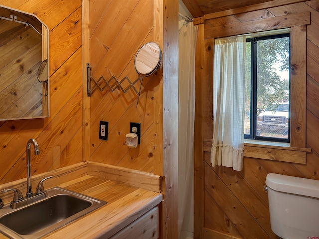 bathroom featuring wooden walls, toilet, and plenty of natural light