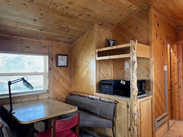 living area featuring wood ceiling, wooden walls, and baseboard heating