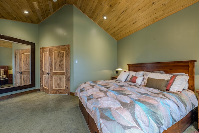 carpeted bedroom with wooden ceiling and high vaulted ceiling