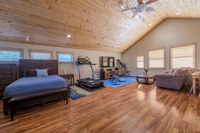 bedroom with ceiling fan, wooden ceiling, and hardwood / wood-style flooring