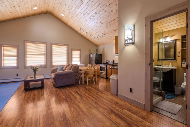 living room with wooden ceiling, high vaulted ceiling, a baseboard radiator, and hardwood / wood-style flooring