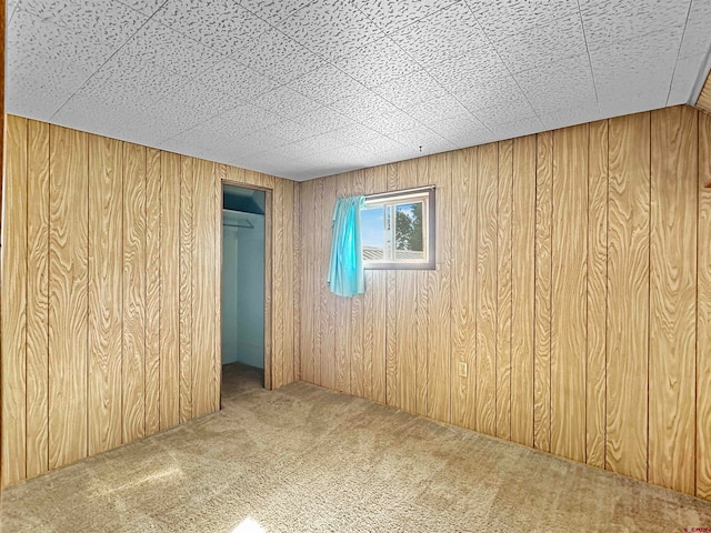 carpeted spare room featuring wooden walls