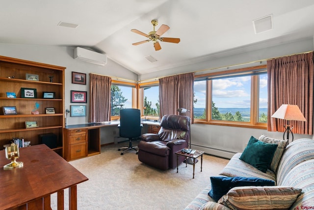 office with baseboard heating, light colored carpet, a wall mounted air conditioner, and vaulted ceiling