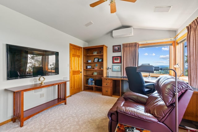 office with lofted ceiling, a ceiling fan, a wall unit AC, baseboards, and light colored carpet