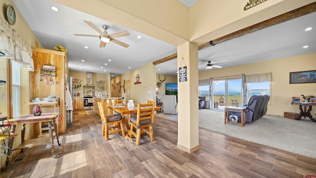 37105 Ii Rd, Redvale, CO 81431 - dining area featuring a ceiling fan, recessed lighting, and dark wood finished floors