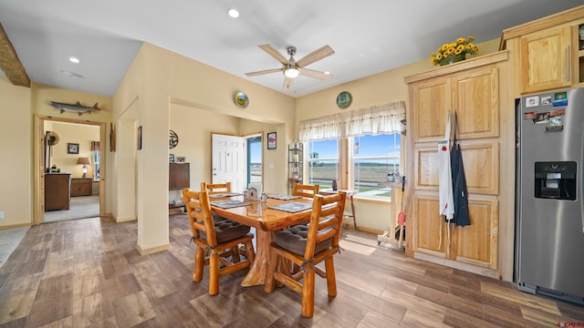 37105 Ii Rd, Redvale, CO 81431 - dining area featuring ceiling fan, baseboards, wood finished floors, and recessed lighting