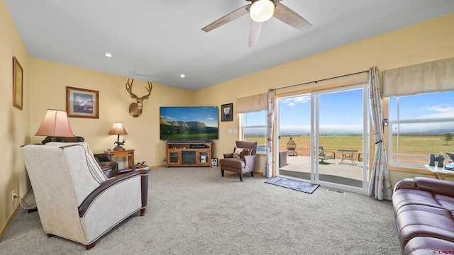 37105 Ii Rd, Redvale, CO 81431 - living area featuring carpet floors, visible vents, a ceiling fan, and recessed lighting