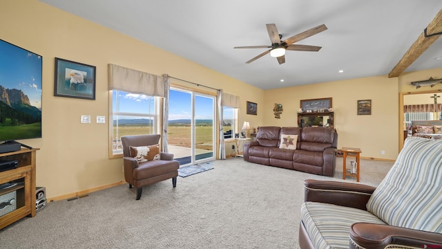 37105 Ii Rd, Redvale, CO 81431 - living area featuring ceiling fan, recessed lighting, carpet floors, visible vents, and baseboards
