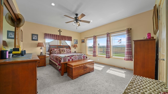 37105 Ii Rd, Redvale, CO 81431 - bedroom featuring recessed lighting, light carpet, ceiling fan, and visible vents
