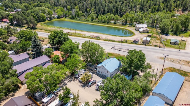 drone / aerial view with a water view