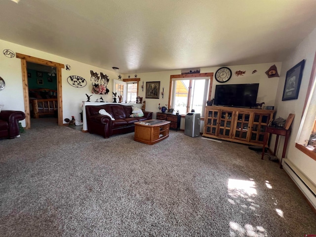 living room featuring carpet and a baseboard radiator